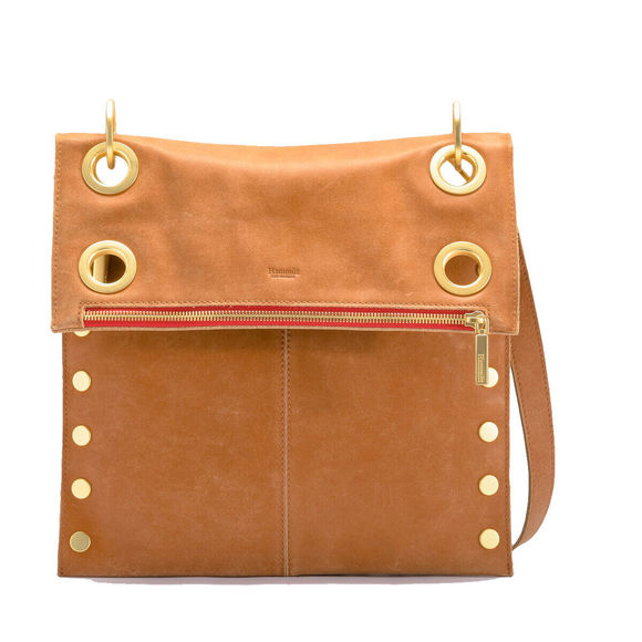 Hammitt Montana Saddle Brown Zip Suede Gold Reverse Leather Bag Handbag Purse NW - Picture 4 of 8